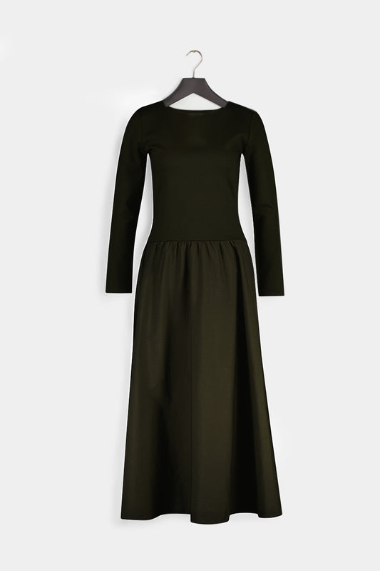 MIDI JERSEY WOVEN COMBO LS DRESS